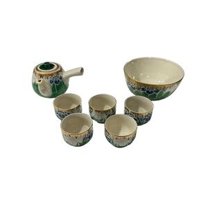 Vtg Kutani Tea Set of 7 Shobu Yunomi Yaki Gold Gilt Green Blue Tea Pot Cups Bowl